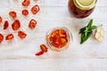 Homemade sun dried tomatoes with herbs, garlic in olive oil in a glass jar Royalty Free Stock Photo