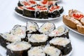 Homemade sushi on the festive table, Japanese food, holidays