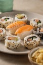 Homemade sushi rolls with salmon, shrimp, avocado i n a round plate Royalty Free Stock Photo