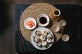 Homemade sushi rolls set with salmon, japanese omelette, avacado and soy sauce Royalty Free Stock Photo