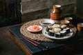 Homemade sushi rolls set with salmon, japanese omelette, avacado and soy sauce Royalty Free Stock Photo