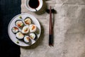 Homemade sushi rolls set with salmon, japanese omelette, avacado and soy sauce Royalty Free Stock Photo