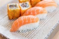 Homemade sushi with salmon, cream cheese Philadelphia, Japanese Royalty Free Stock Photo