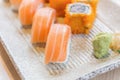 Homemade sushi with salmon, cream cheese Philadelphia, Japanese Royalty Free Stock Photo