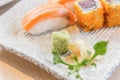 Homemade sushi with salmon, cream cheese Philadelphia, Japanese Royalty Free Stock Photo