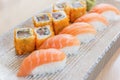 Homemade sushi with salmon, cream cheese Philadelphia, Japanese Royalty Free Stock Photo