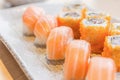 Homemade sushi with salmon, cream cheese Philadelphia, Japanese Royalty Free Stock Photo