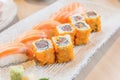 Homemade sushi with salmon, cream cheese Philadelphia, Japanese Royalty Free Stock Photo