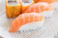 Homemade sushi with salmon, cream cheese Philadelphia, Japanese Royalty Free Stock Photo