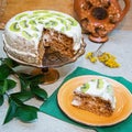 Homemade sweet cake with sour cream banana cream, decorated with kiwi