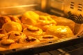 Homemade sweet cinnamon roll baking on a sheet in oven