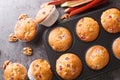 Homemade sweet muffins with rhubarb and walnuts close-up in a baking dish. horizontal top view Royalty Free Stock Photo