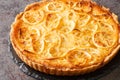 Homemade sweet and sour tart with lemon curd and fruit pieces close-up in a plate. horizontal