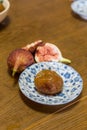 Homemade sweeten preserved fig and fresh figs. Royalty Free Stock Photo