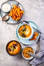 Homemade sweet potato and carrot soup with chickpeas Royalty Free Stock Photo