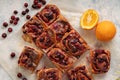 Homemade swirl buns wuth cranberry and orange filling.