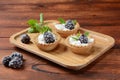 Homemade tartlets with blackberry, whipped cream and mint. Royalty Free Stock Photo