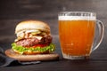 Homemade tasty beef burger and beer Royalty Free Stock Photo