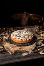 Homemade tasty biscuit cake with cherries, almond flakes, powdered sugar on top