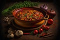 Homemade tasty Hungarian goulash with beef, fresh vegetables and bread