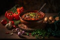 Homemade tasty Hungarian goulash with beef, fresh vegetables and bread
