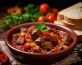 homemade tasty Hungarian goulash with beef fresh vegetables and bread.