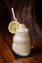 Homemade tasty milk shake cocktail milkshake banana smoothie vanilla whip cream