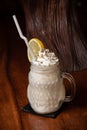 Homemade tasty milk shake cocktail milkshake banana smoothie vanilla whip cream