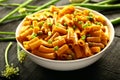 Delicious pasta penne with herbs. Royalty Free Stock Photo