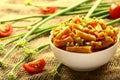 Delicious pasta penne with herbs served in bowl. Royalty Free Stock Photo