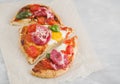 Homemade tasty pizza with egg, cheese, tomatoes and basil. Royalty Free Stock Photo