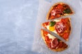 Homemade tasty pizza with egg, cheese, tomatoes and basil. Royalty Free Stock Photo