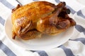 Homemade tasty rotisserie chicken on a white plate, side view. Close-up Royalty Free Stock Photo