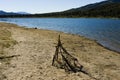 Homemade tepee fire stand on lake beach