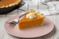 Homemade Thanksgiving pumpkin pie on a pink plate on a white wooden surface, low angle view. Closeup Royalty Free Stock Photo