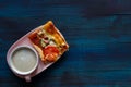 Homemade thin-crust pizza with tomatoes, mushrooms and pickled cucumbers Royalty Free Stock Photo