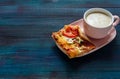 Homemade thin-crust pizza with tomatoes, mushrooms and pickled cucumbers Royalty Free Stock Photo