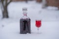 Homemade tincture of red cherry in a glass bottle and a wine crystal glass on a snow and white background Royalty Free Stock Photo