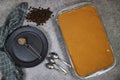homemade tiramisu Italian dessert topped with coffee grinder, bean on grunge background Royalty Free Stock Photo