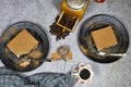 homemade tiramisu Italian dessert topped with coffee grinder, bean served on a black plate Royalty Free Stock Photo