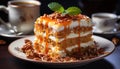 Homemade tiramisu, a sweet layered dessert on wooden plate generated by AI Royalty Free Stock Photo