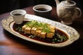 homemade tofu, soy sauce, and fresh herbs on a plate Royalty Free Stock Photo