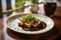 homemade tofu, soy sauce, and fresh herbs on a plate Royalty Free Stock Photo