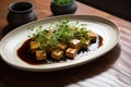 homemade tofu, soy sauce, and fresh herbs on a plate Royalty Free Stock Photo