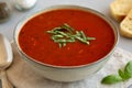 Homemade Tomato Basil Soup in a Bowl, low angle view. Close-up Royalty Free Stock Photo