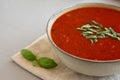 Homemade Tomato Basil Soup in a Bowl, low angle view. Close-up. Copy space Royalty Free Stock Photo