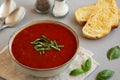 Homemade Tomato Basil Soup in a Bowl, side view. Close-up Royalty Free Stock Photo