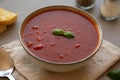 Homemade Tomato Basil Soup in a Bowl, side view. Close-up Royalty Free Stock Photo