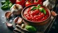 homemade tomato sauce with garlic and basil Royalty Free Stock Photo