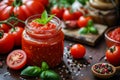 Homemade tomato sauce in glass jar on wooden background. Delicious Italian sauce for pasta or pizza on kitchen table Royalty Free Stock Photo